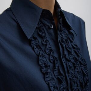 Tibi Easy Tuxedo Shirt Navy Blue Italian Cotton Nylon Poplin Ruffle Size XL
